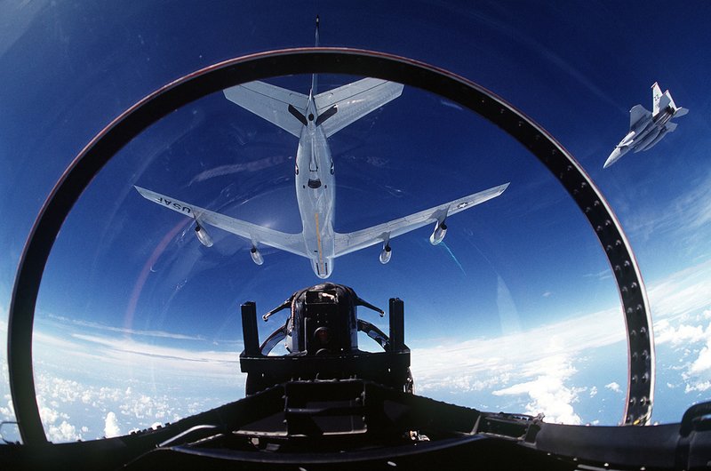 KC-135A Stratotanker aircraft preparing to refuel an F-15 Eagle aircraft