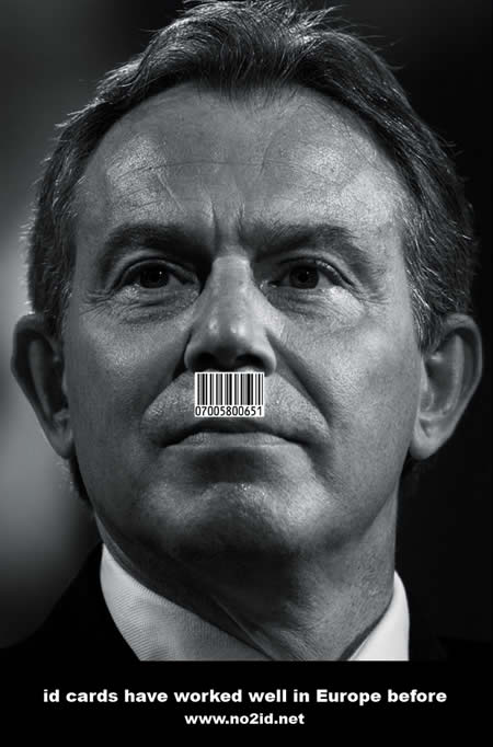 NO2ID( Великобритания) - недоволен,что *штрих-код над верхней губой Тони Блэра напоминает Гитлера, что является оскорбительным
