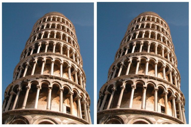 <b>3. Пизанская башня</b> На этих двух фотографиях кажется, что башня которая изображена справа наклонена больше чем левая. На самом же деле контуры этих башен абсолютно параллельны, а иллюзия создается благодаря разным перспективам. 